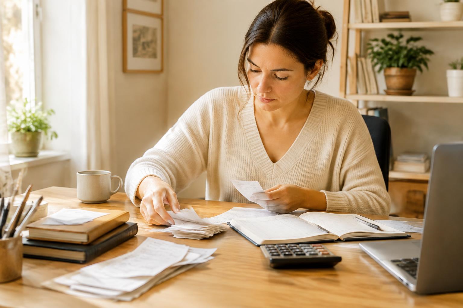 Bookkeeper working on a laptop with organized files