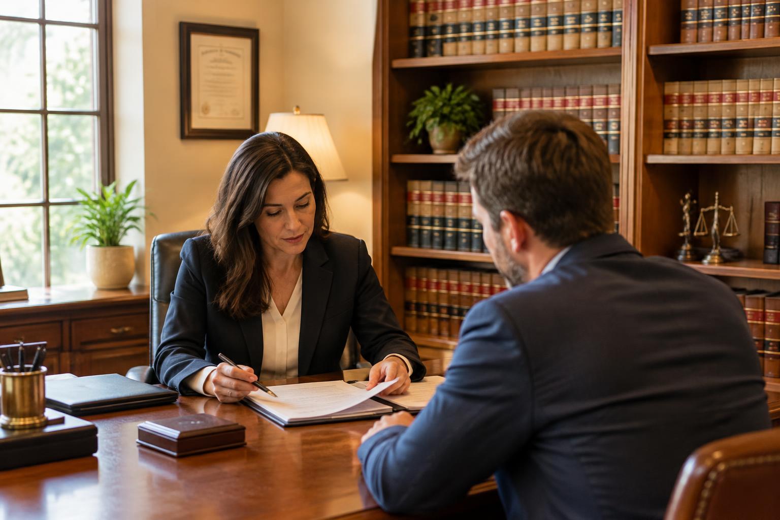 Attorney meeting with clients in a law office