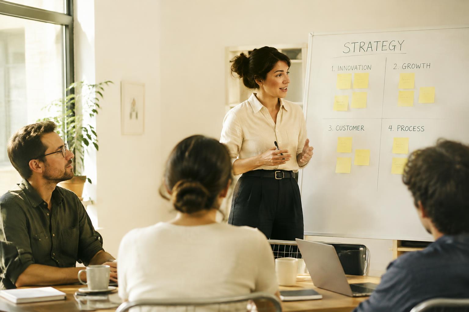 Business consultants planning strategy at a whiteboard