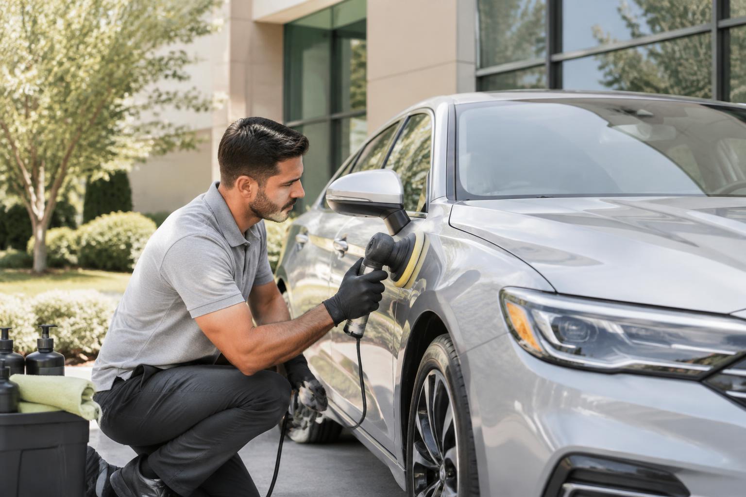 Detailer hand-washing a car in a driveway