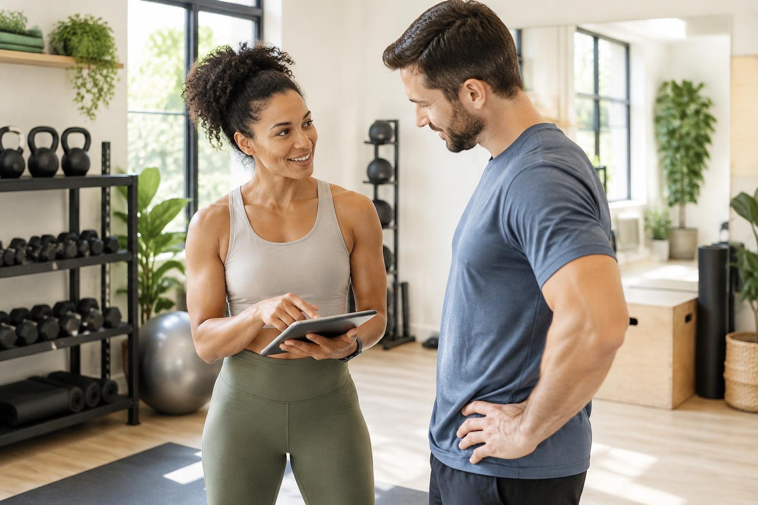 Personal trainer coaching a client in a bright studio